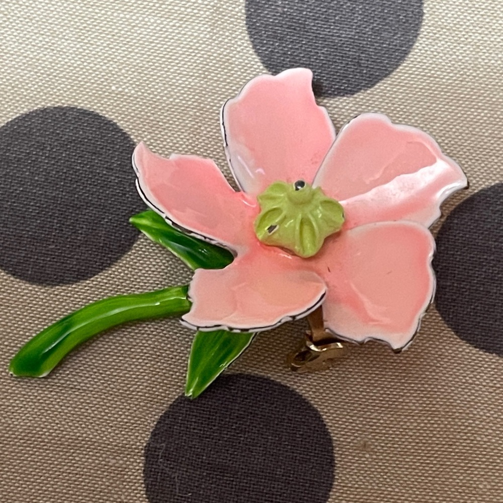 Pink Enamel Flower Brooch with Green Stem